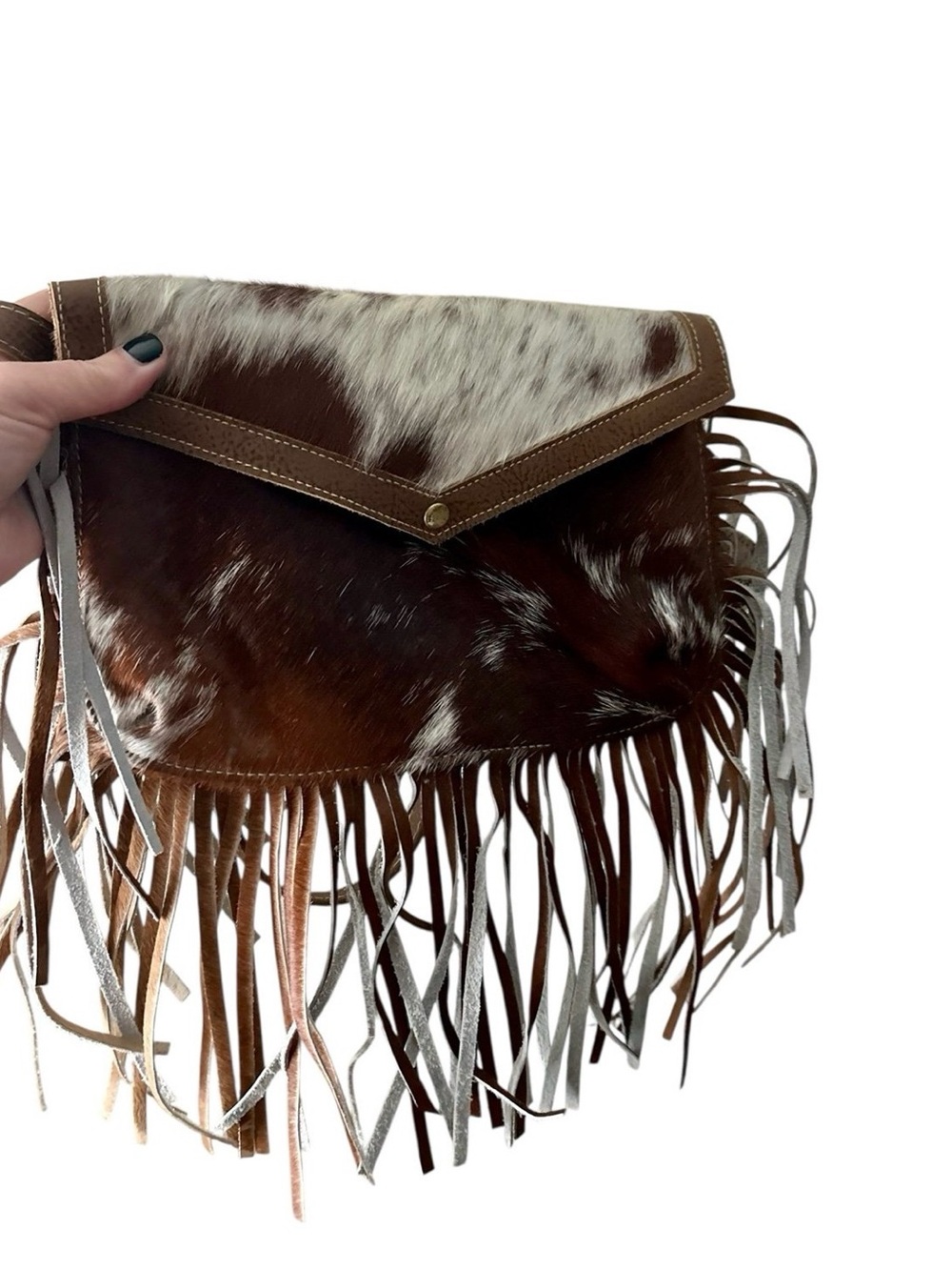 MYRA Fringe Cowhide Crossbody Bag - Brown/White w/ matching key chain - Picture 3 of 6